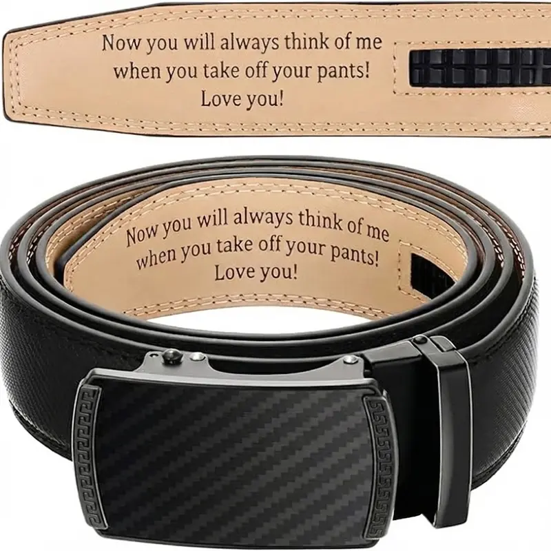 Men's Engraved Ratchet Leather Waist Belt - Band-Shaped, Buckle & Strap Accents, Adjustable Automatic Buckle, 28-34 Waist Adjustable, Customizable Fashion Accessory, Ideal Gift for Boyfriend (Christmas, Anniversaries), Band-Shaped Men's Belts
