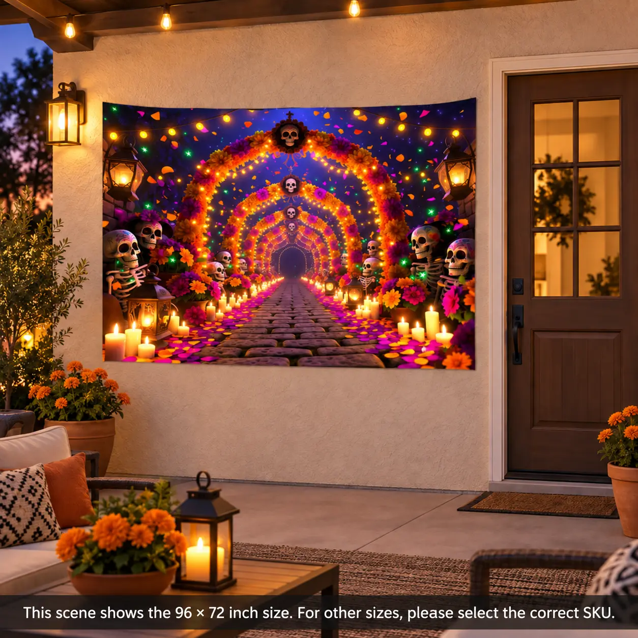 Day of the Dead Backdrop, Colorful Día de los Muertos Skull and Marigold Arch Photography Background, 2D Printed Polyester Party Decoration for Halloween Fiesta