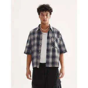 Men's Casual Cropped Plaid Shirt - Short Sleeve, Button-Up, Loose Fit, Summer Style, Brown & Beige Retro Checkered Pattern, Cotton Fabric, Perfect for Outings, Relaxed Outdoor Wear | Easycare Clothing menswear