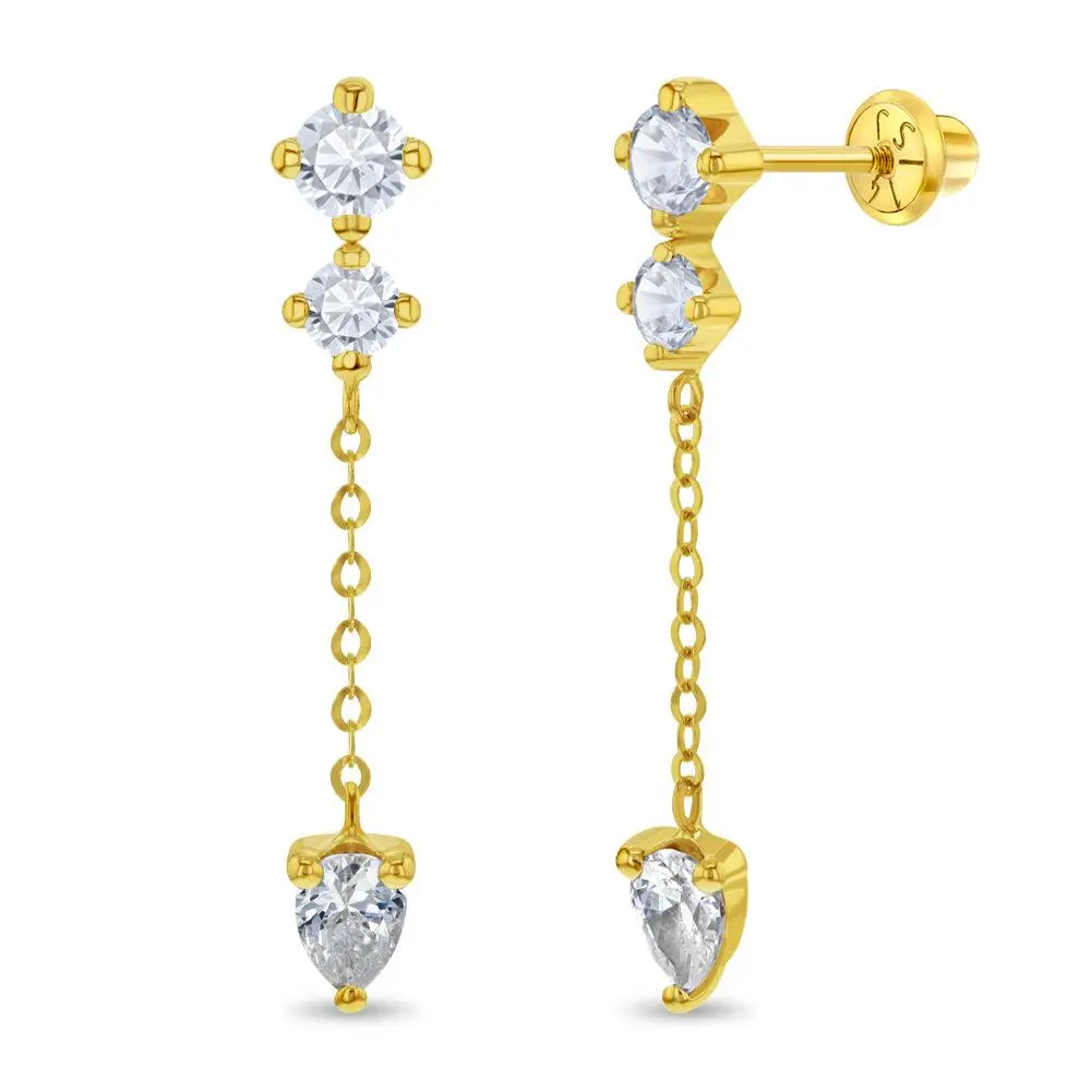 14k Gold Dangle CZ Kids / Children's / Girls Earrings Safety Screw Back