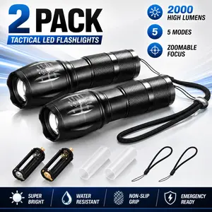 2 Pack Super Bright Tactical Flashlights 2000 High Lumens LED Handheld Flashlight with 5 Modes Adjustable Focus Zoomable Water Resistant Emergency Survival Gear for Camping Essentials Power Outages and Outdoor Gear