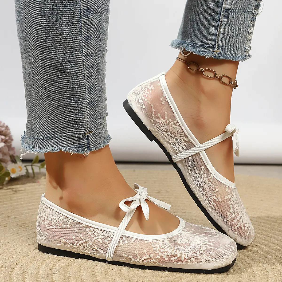 Women's Lace Mesh Flats Bow Tie Square Toe Ballet Flats Breathable Casual Dress Shoes Cute Embroidered Shoe with Straps for Summer