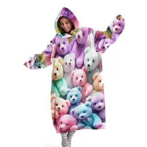 Hoodie blanket, wearable blanket, Cozy Hooded Blanket, colored teddy bear printed hooded wearable blanket, digital printed flannel blanket, soft and warm blanket suitable for sofa cover, air conditioning blanket, nap blanket, office bed, camping trip
