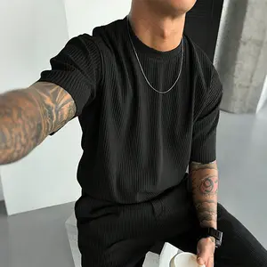 Men's Regular Fit Striped Trim Ribbed Tee, Casual Short Sleeve T-shirt for Summer, Fashion Men's Top for Daily Wear