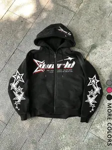 Unisex "World" Star Graphic Zip-Up Hoodie Sweatshirt | Premium Cotton | Distressed Print | Multiple Colors Available | Y2K Grunge Streetwear | Oversized Relaxed Fit | Trendy Urban Outerwear