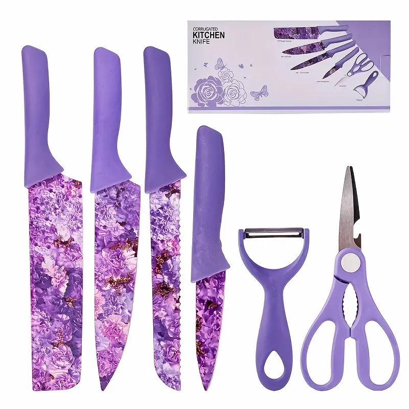 6pcs Jasmine Flower Pattern Kitchen Knife Set Colorful Printing, High Carbon Stainless Steel Blades, Ergonomic Handles, Sharp Meat Cleaver, Serrated Bread Knife, Precise Scissors, Peeler - Perfect Cooking Gifts for Women And Men, Kitchen Essentials