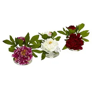 Nearly Natural Artificial 6” Peony with Glass Vase Set of 3