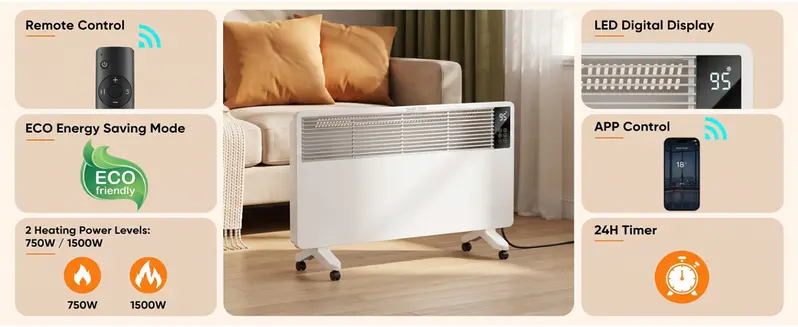 1500W Fan-Free Convection Space Heater with Thermostat, ECO Mode, 6-Layer Safety Protection, Freestanding/Wall-Mountable Electric Heater for Indoor Use 1500W Fan-Free Convection Space Heater with Thermostat, ECO Mode, 6-Layer Safety Protection, Freestanding/Wall-Mountable Electric Heater for Indoor Use