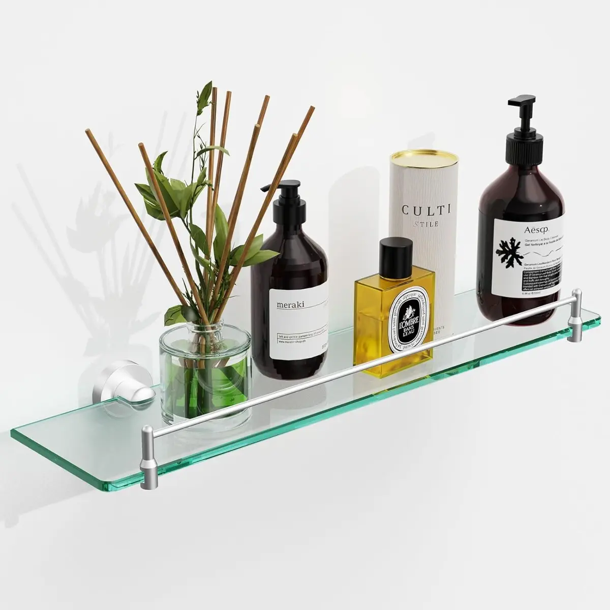 20 Inches Glass Shelves For Bathroom, Brushed Nickel Floating Glass Shelf Stainless Steel Tempered Glass Bathroom Shelves For Wall Mount Modern Accessories