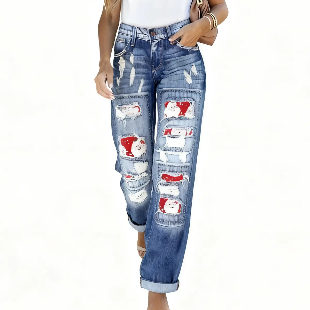 Christmas Santa Distressed Jeans for Women Vintage Blue High Waist Cuffed Denim Pants Unique Ripped Patchwork Street Style Winter Fashion