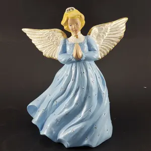 Ceramic Angel Gare Mold Figurine 10"H Blue Dress Rhinestones Glitter Vintage
