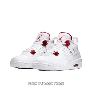 Retro Mid-Top Sneakers in All-White Leather with Metallic Red Lace Locks, Tongue Details, and Visible Air Cushioning