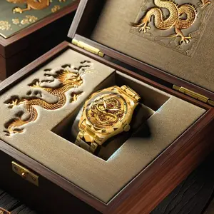 High-end Luxury High-quality Dragon Pattern Relief Golden Men's Mechanical Watch in Elegant Wooden Box
