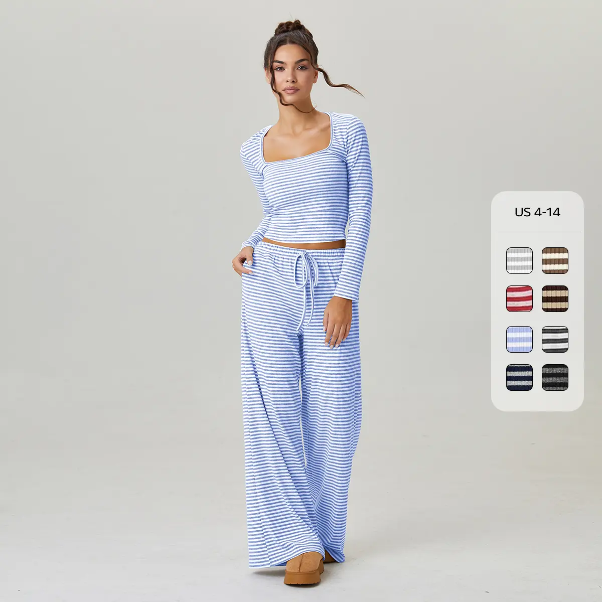 Women's Leisure Square Neck Stripe Long Sleeve Crop Top & Low-Rise Wide Leg Trousers Co-ord, Lady Two Piece Outfits, Casual Going Out Set (CN)