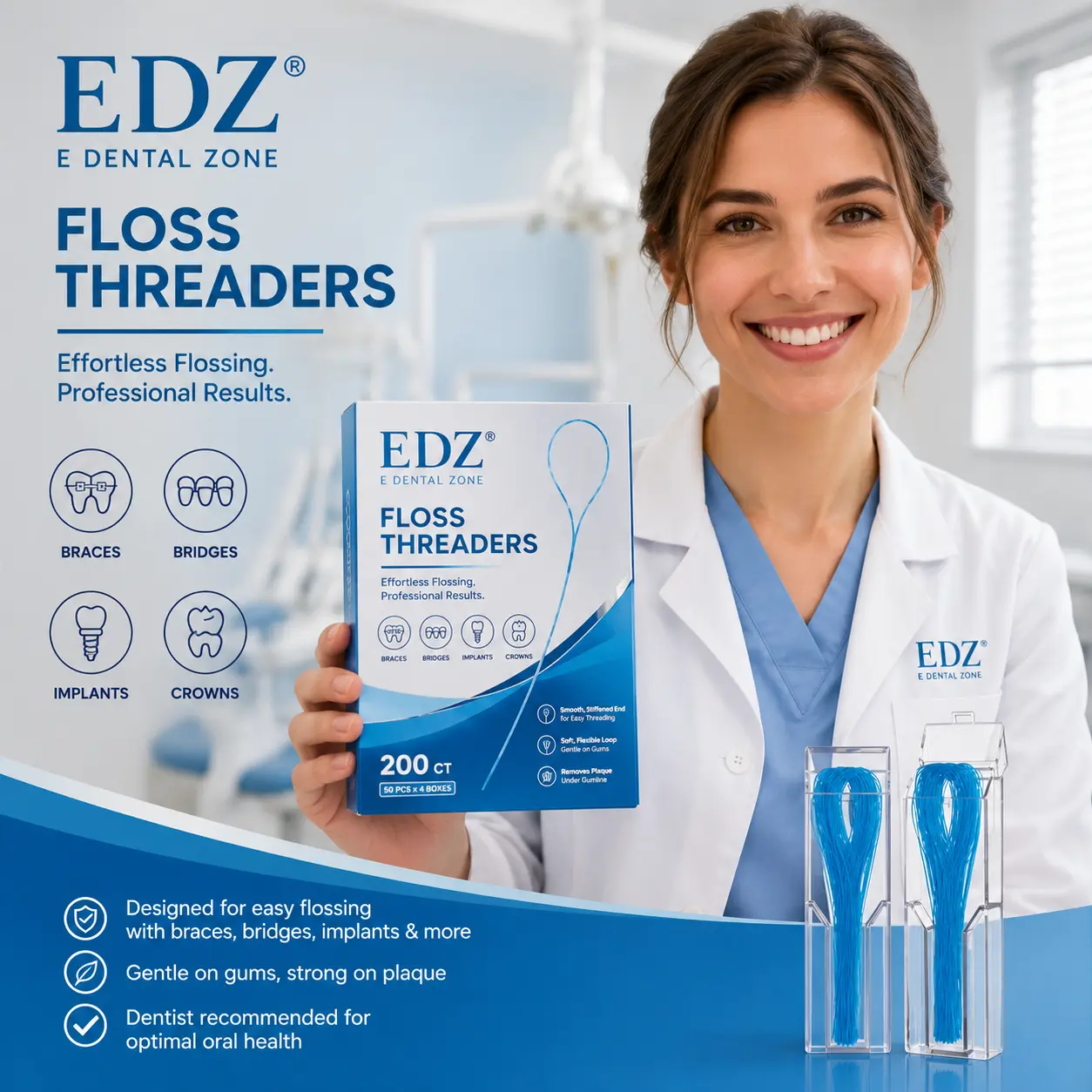 EDZ E Dental Zone Floss Threaders 200-Count Pack Flexible Loops for Braces Bridges Implants Crowns Retainers Easy Daily Oral Care for Adults & Children