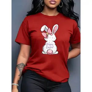 100% cotton women's Easter short-sleeve top, featuring a floral bunny pattern and bow decoration, printed with "Happy Easter!" "Text." Comfortable, soft and breathable, suitable for spring, summer, and autumn wear. Fashionable and versatile."