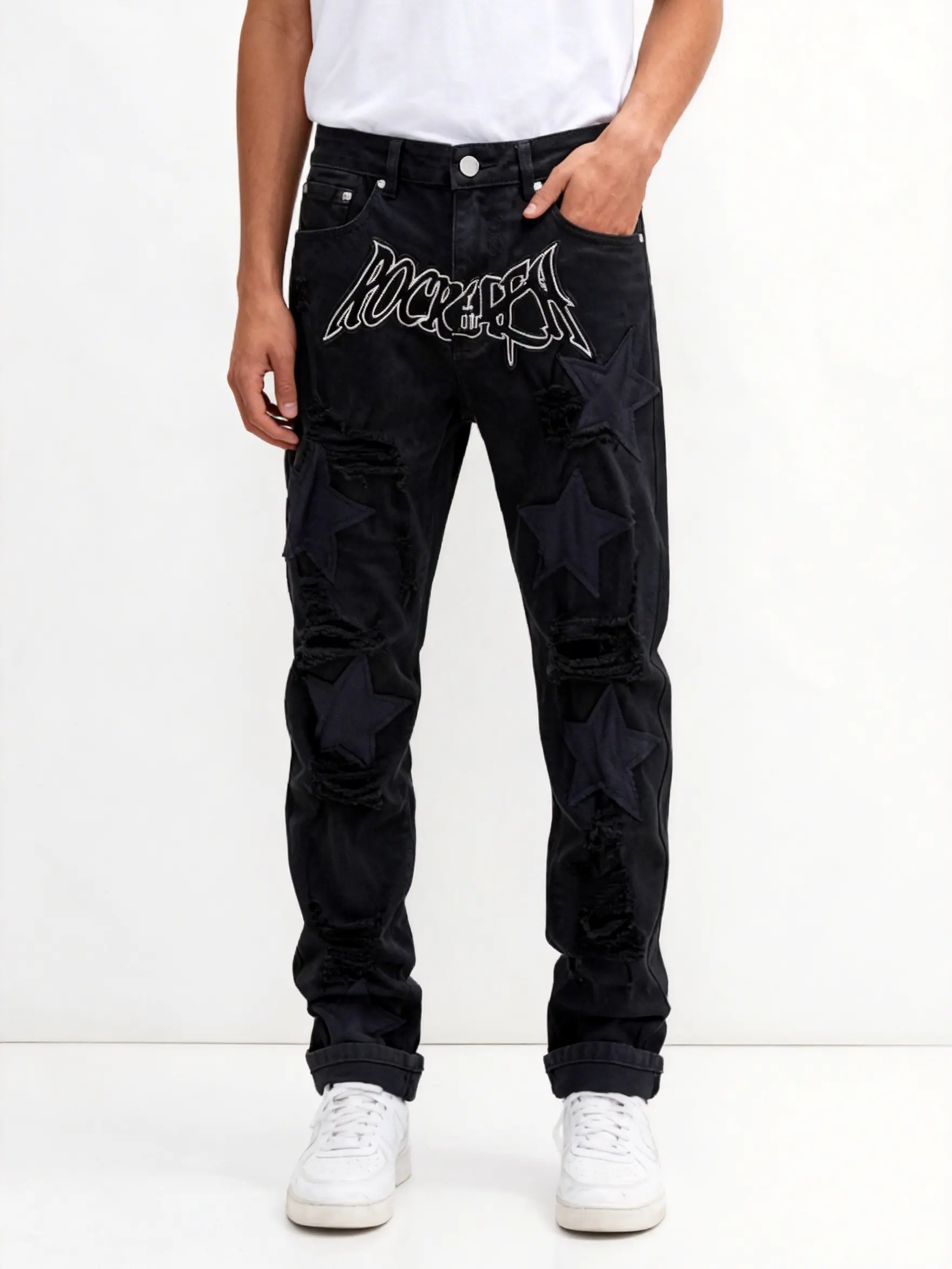 Men's Slim-Fit Straight Leg Embroidered Jeans - Black Streetwear Denim , All-Season Casual Pants, Machine Washable,-3451 skinny jeans baggy jeans for men jeans pants for men denim skinny jeans baggy jeans for men selvedge denim old navy levis old navy