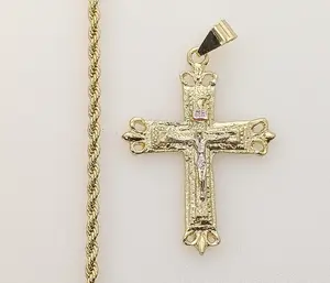 Plated Tri-Color Cross 3mm Rope/Braided Chain Necklace