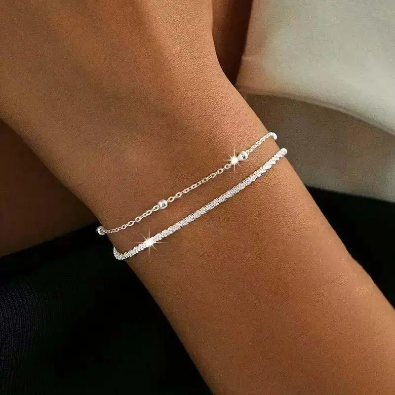 Simple Silver Color Beaded Bracelet for Women Girls Fashion Metal Shiny Double Layered Bracelet Wedding Jewelry Accessories