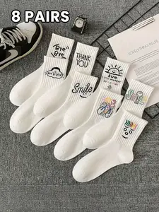 8 Pairs Unisex Smile Socks, Comfortable Breathable Mid-Calf Socks, Fun Design, Cartoon Pattern, Hand Washable, Casual Style, All Seasons