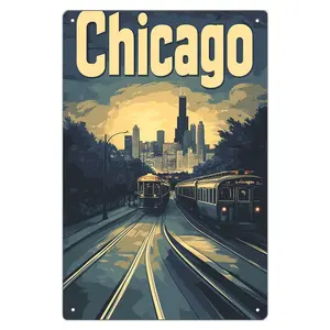 2D Flat, Vintage Chicago Skyline Metal Wall Art - Chicago Cityscape with Willis Tower, Heavy-Duty Tin Metal Construction, Waterproof & Weatherproof Indoor/Outdoor Decor - Pre-Drilled Holes for Easy Hanging - Perfect for Home, Office