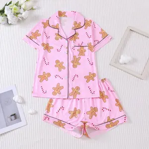 Women’s Christmas snowman print casual pajama set with pocket details, collared short sleeves, suitable as vacation home wear