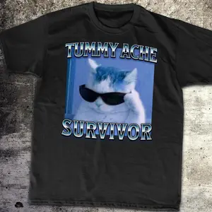 Tummy Ache Survivor Funny Cat Meme T-shirt Gift for Woman Goofy Ahh Cats Tee Shirt Trendy Summer Clothes Ironic T-shirt Silly Stupid Cat Tee