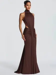 Mozision Turtleneck Backless Sexy Maxi Dress Women Gown Elegant Off-shoulder Sleeveless Ruched Bodycon Club Party Long Dress