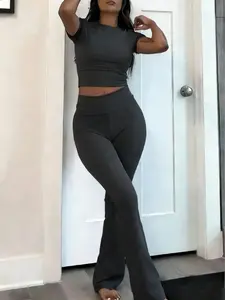 Women's 2-Pack Slim Fit Short Sleeve Crop Top & High Waist Flare Pants Set, Soft Stretchy Casual Fabric, Solid Color Basic Loungewear, Dark Grey Black Light Grey Available