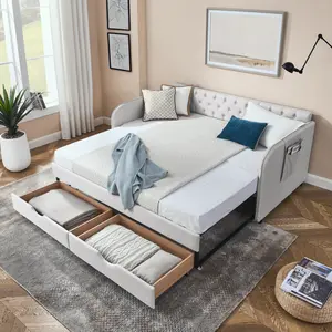 Extendable Daybed Twin Size Upholstery Daybed with Trundle Bed and Two Storage Drawers , Flat Arms with Pocket, Double Daybed for Bedroom Living Room, Linen