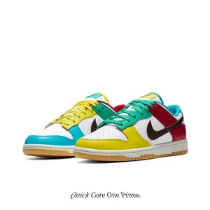 Multi-color block low-top sneakers, leather construction, mismatched colorway, classic silhouette, reinforced toe cap, flat lacing system