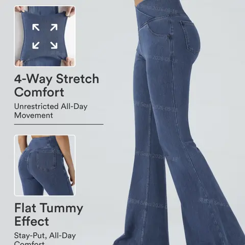 Halara Flex High Waisted Crossover Pocket Washed Stretchy Knit Casual Flare Jeans