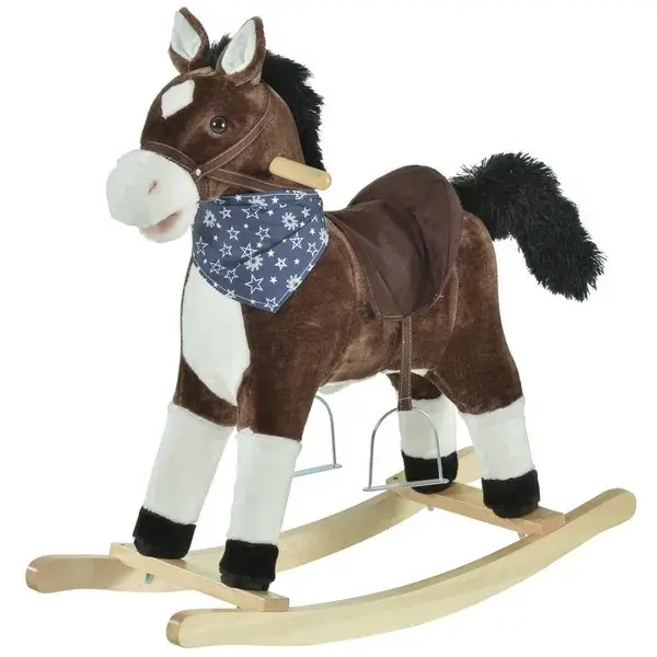 Plush Cowboy Rocking Horse - Wooden Ride-On Toy with Realistic Sounds, Wild West Theme, Brown, for Boys/Girls Ages 3-6, Made of Wood-Metal-PP, Requires AA Batteries