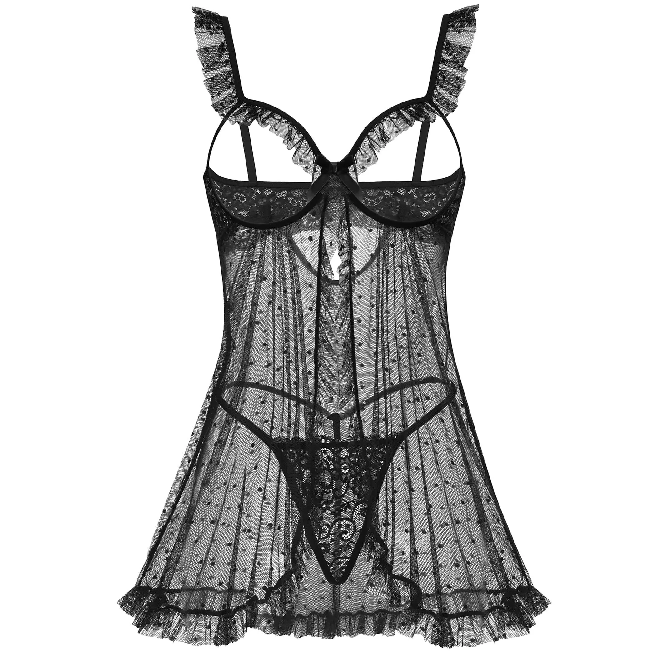 Avidlove Sexy Polka Dots Mesh Sheer Lace Babydoll Open Front Ruffle Chemise Cut Out Nightgown Lingerie With Thong XS-XXL