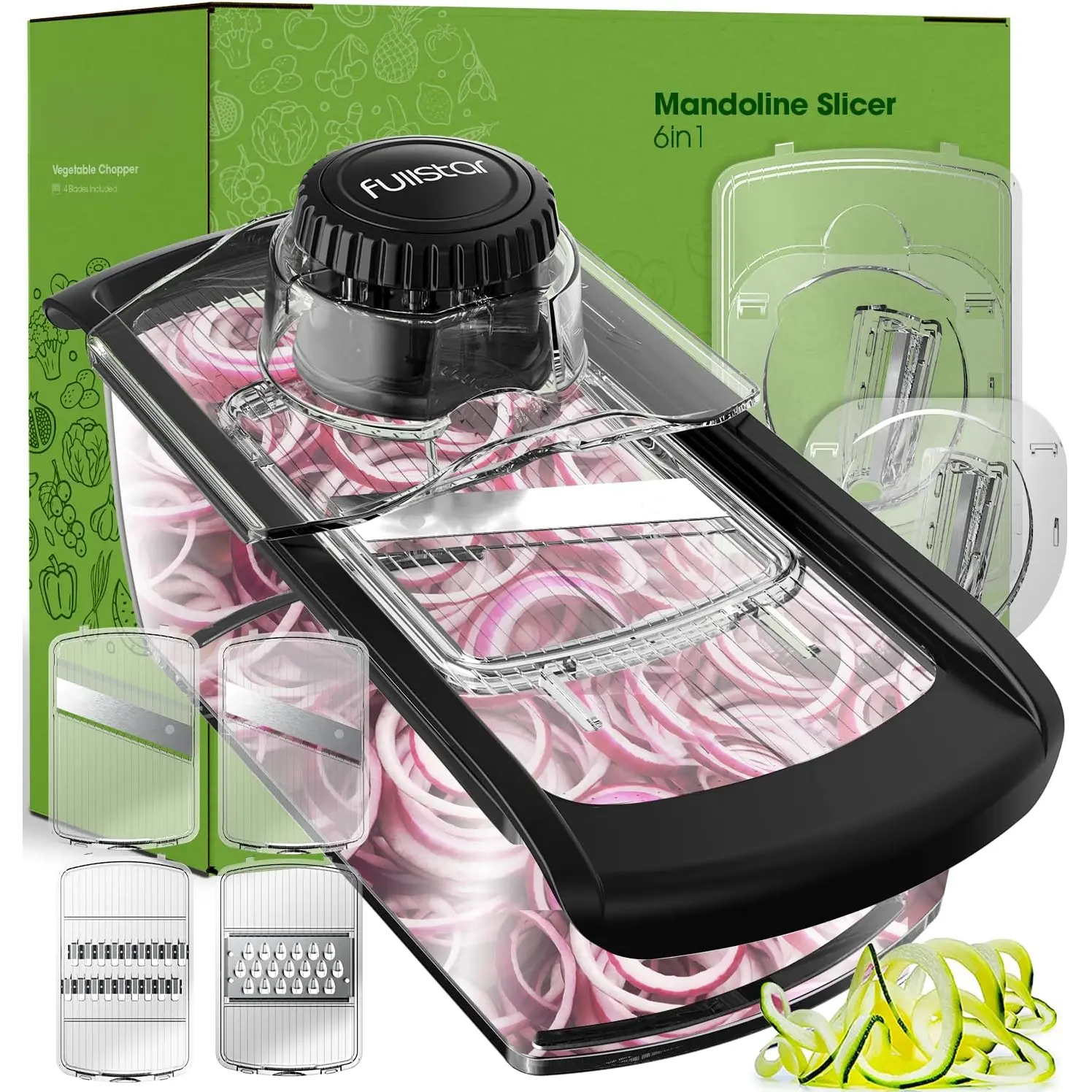 Mandoline Slicer for Kitchen, Fruit , Cheese Grater, Cucumber Slicer, Veggie Spiralizer, Food  & Kitchen Gadgets with Safety Glove (6 in 1, Clear)
