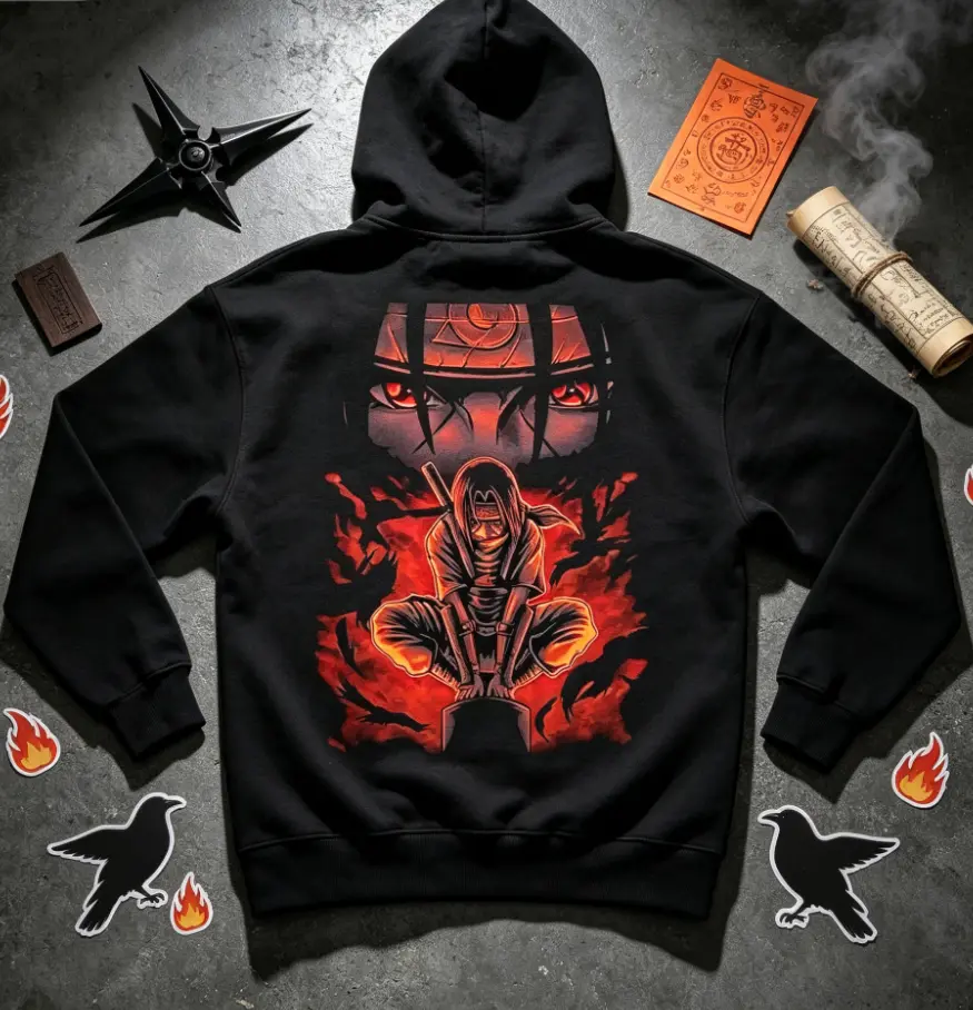 Itachi Back-Print Unisex Hoodie - Anime-Themed Pullover Top, No Sleeve Patterns, Ideal Gift for Anime Enthusiasts