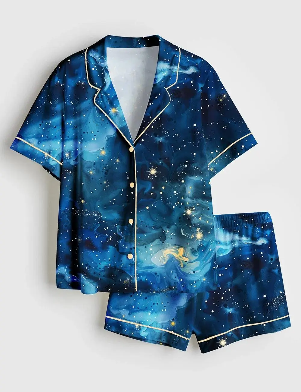 Starry Night Sky Stars And Moons Short Sleeve Satin Pajama Set, Stars Moons Bride Pajama Set Gifts Family, Gift Pajamas Set For Lover