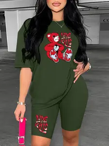 Two-Piece Set Women's Bear Print Crew Neck Sweatshirt & Skinny Shorts, Casual Fashion Cozy Breathable Outfits for Daily Outdoor Wear, Ladies Clothes for Spring & Summer, Suits Womenswear