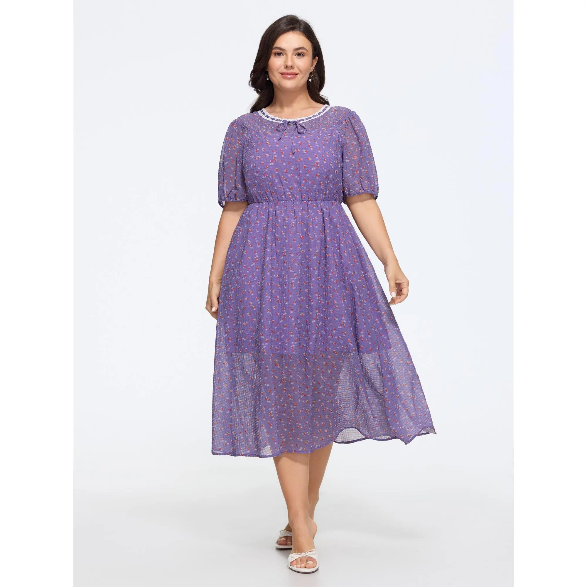 BLOOMCHIC Plus Size Ditsy Floral Print Lace Trim Tie Neck Flowy Midi Dress[M-6X] Summer Finds