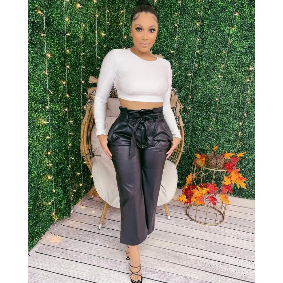 Black Wide Leg Leather Hi Waist Pants
