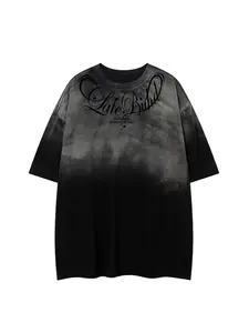 American Vintage Washed Tie-Dye Gradient Letter Print Short Sleeve T-Shirt, Unisex Streetwear Casual Fashion Round Neck Half Sleeve Tee Shirt