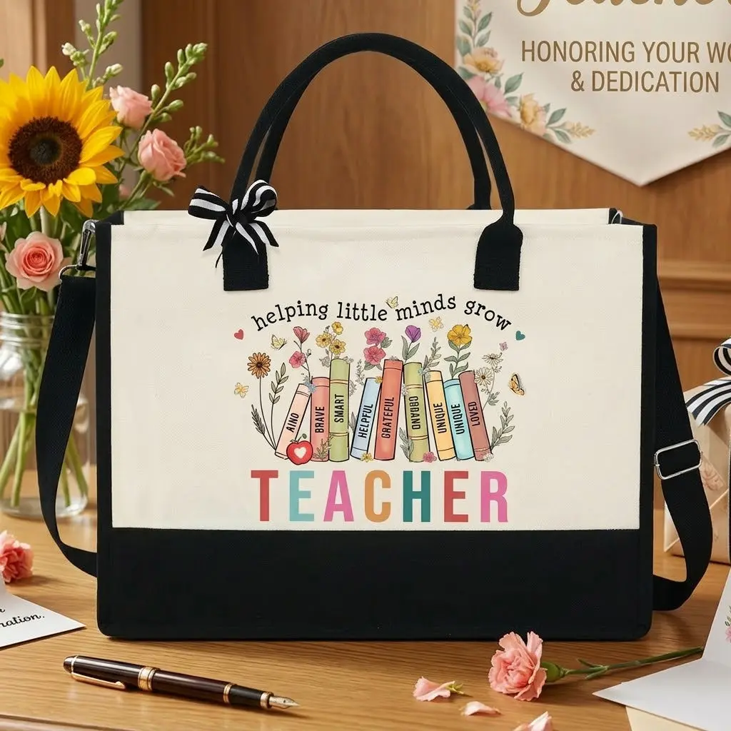 TEACHER BIRTHDAY GIFTS – Cute Canvas Tote Bag with Zipper, Christmas Gift, Teacher Appreciation Week Gift, Xmas Gift for Teacher, Graduation 13oz Teacher Bag
