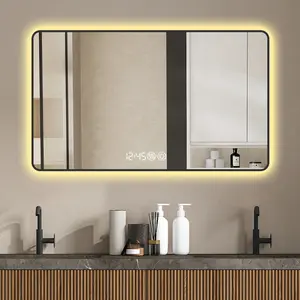 48x32 Black frame wall mirror  with rounded corners vanity mirror, temperature display, tri color light, defogging, high-quality aluminum alloy frame, high-definition tempered glass    RR