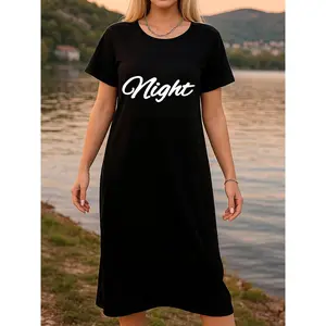 Women's black, white, and red casual T-shirt dress with “night” print, made from knitted fabric, suitable for all-year-round fashionable and sexy summer loungewear, specifically designed for wives and mothers. Lace Adjustable Womenswear  Comfy Elegance
