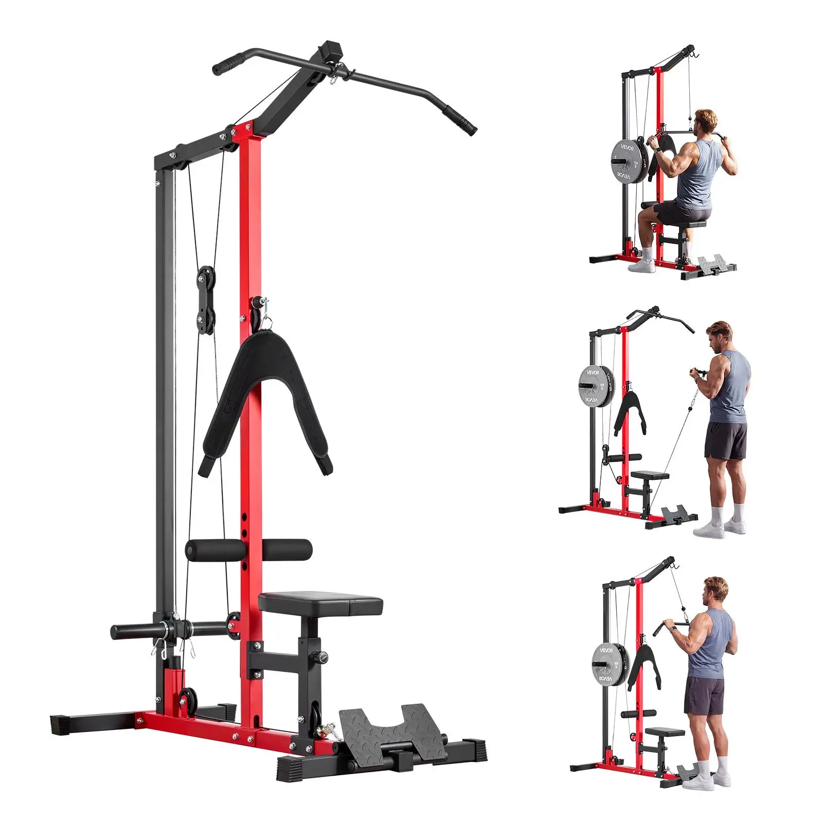 VEVOR 3-in-1 Lat Pull Down & Row Cable Machine, Home Gym Strength Training Equipment with 3-Level Adjustable Seat, 4-Level Adjustable Foam Roller, 400 lbs Load Capacity for Back, Chest, Black#SohoChic