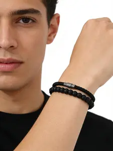 Men's Woven Nylon Rope Bracelet Set, Matte Beads, Magnetic Buckle, Vintage Casual Style, Daily Commute Gift for Boyfriend