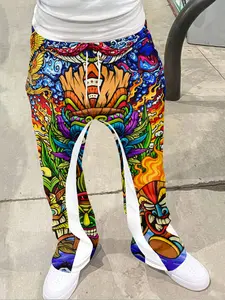 Men's Loose Fit 3D Graffiti Monster Print Pants, Casual Sporty Streetwear, Fitted Long Pants for All Seasons, Hip Hop Vintage Style, Athleisure Style Pants