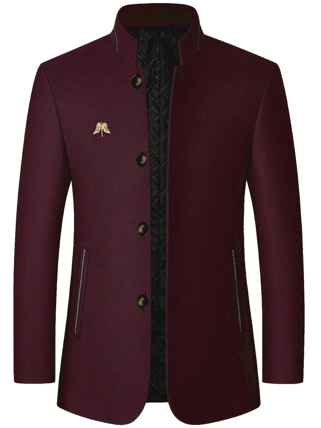 Men's casual formal style lambskin jacket, Menswear, stand-up collar single-breasted side pocket long sleeve, semi-formal office occasions and daily wear in autumn and winter, polyester fiber lining for cold resistance and warmth, texture fabric design