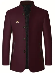 Men's casual formal style lambskin jacket - stand-up collar single-breasted side pocket long sleeve jacket, semi-formal office occasions and daily wear in autumn and winter - polyester fiber lining for cold resistance and warmth, texture fabric design