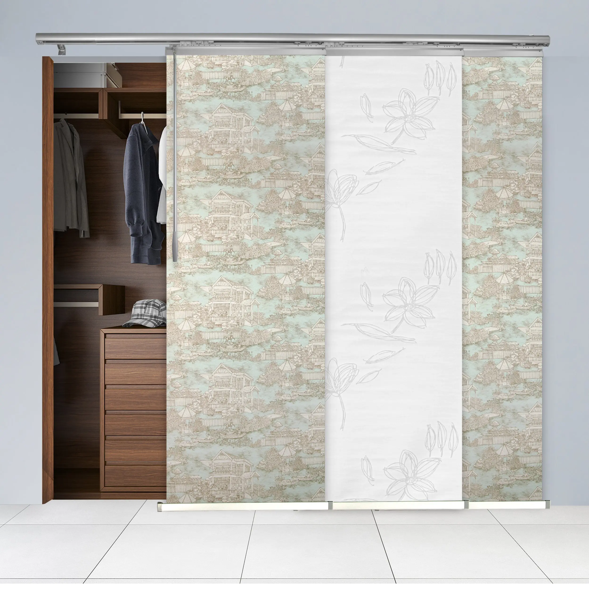 3-Panel Single Rail Panel Track Blind Extendable 36"-66"W x 91.4"H, Panel width 23.5", Lotus, Abelia